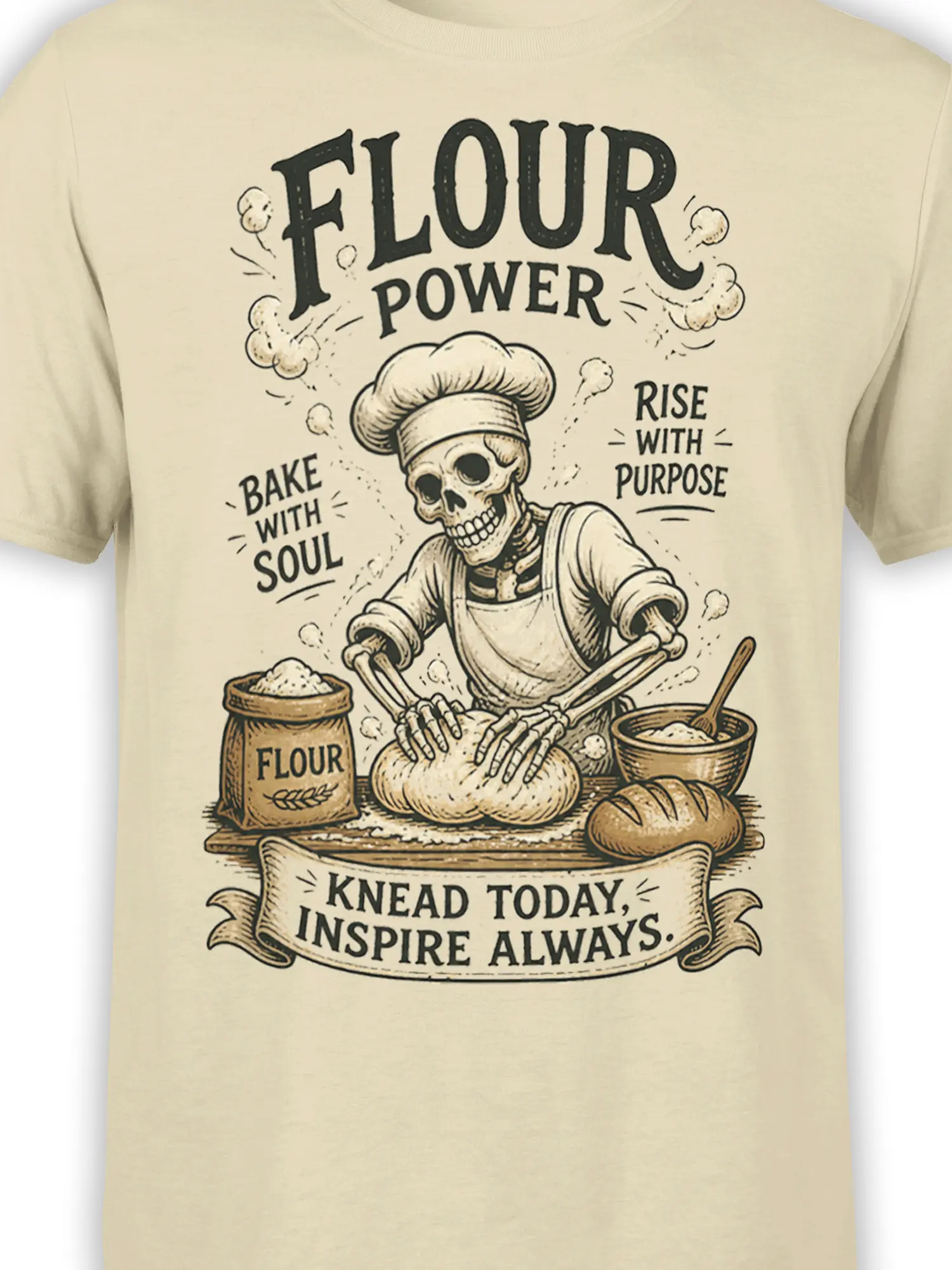 Close-up of skeleton baker graphic with flour, dough, bread, and baking text on beige fabric