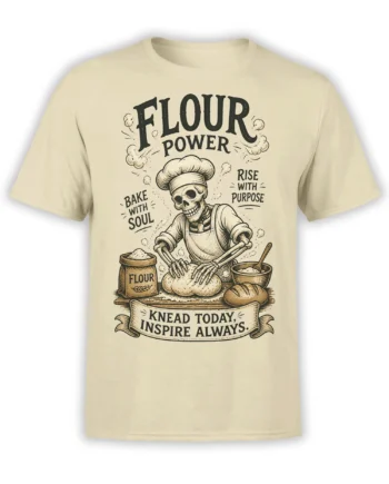 Beige T-shirt with a vintage skeleton baker kneading dough beneath the words Flour Power
