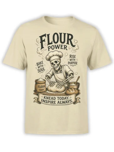 Beige T-shirt with a vintage skeleton baker kneading dough beneath the words Flour Power
