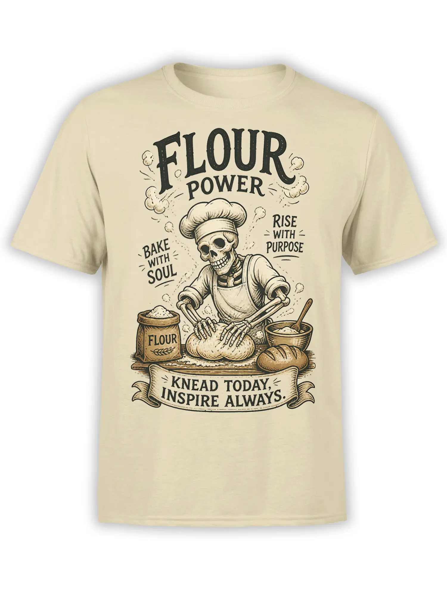 Beige T-shirt with a vintage skeleton baker kneading dough beneath the words Flour Power