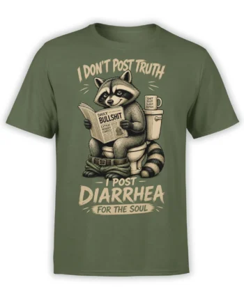 Green T-shirt with a sarcastic raccoon reading a newspaper on a toilet and bold cream text