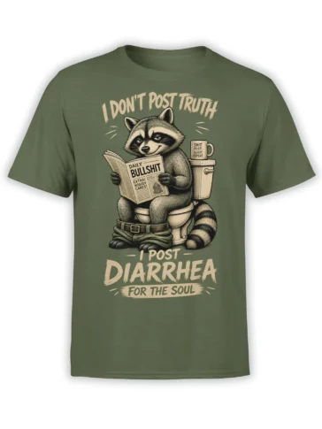 Green T-shirt with a sarcastic raccoon reading a newspaper on a toilet and bold cream text