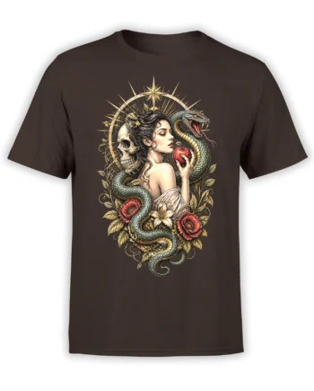 Gothic woman and coiled serpent graphic with skull, apple, flowers, and star halo on a dark brown T-shirt