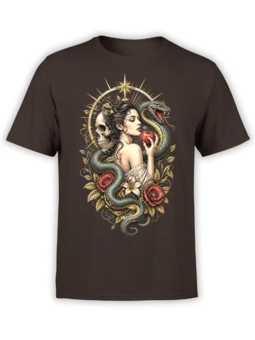 Gothic woman and coiled serpent graphic with skull, apple, flowers, and star halo on a dark brown T-shirt