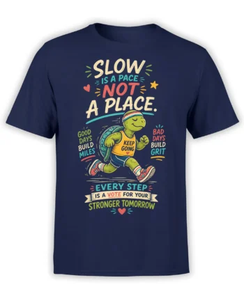 Running green turtle graphic on a navy motivational T-shirt with colorful positive lettering