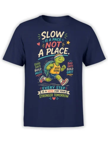 Running green turtle graphic on a navy motivational T-shirt with colorful positive lettering
