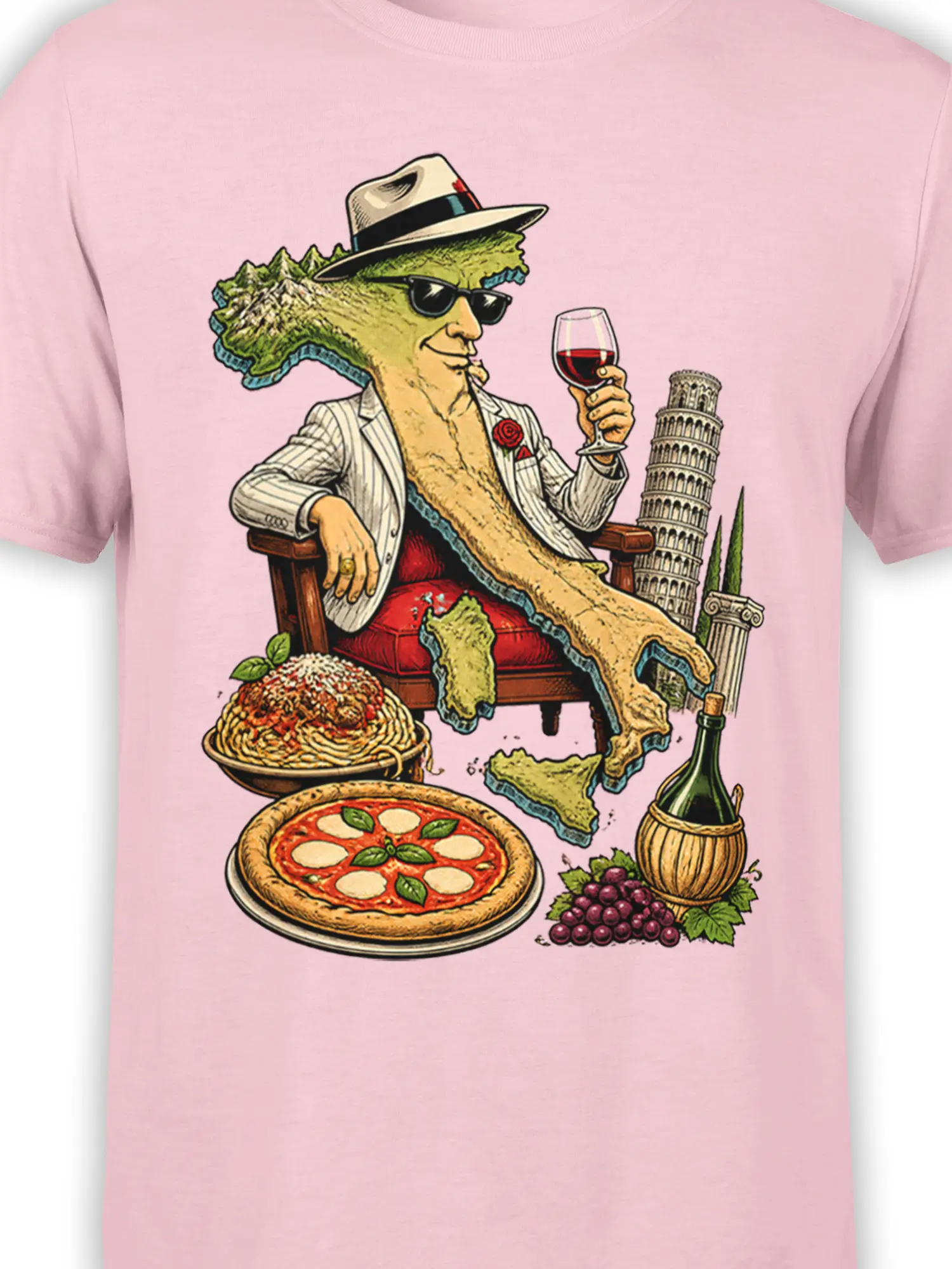 Close-up of Italian map character in sunglasses with wine glass and vintage suit on pink fabric
