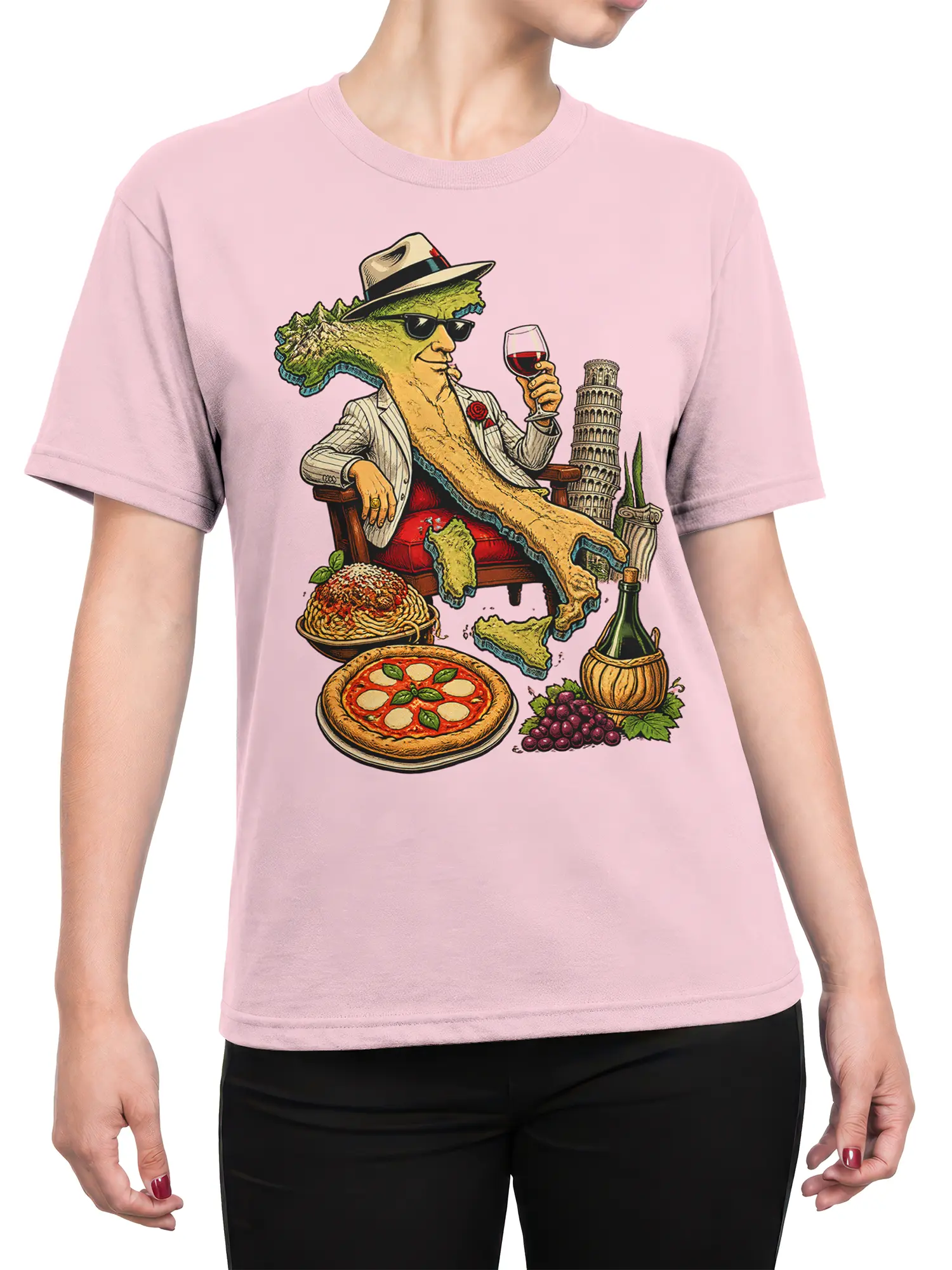 Female torso wearing a pink Italian map T-shirt with wine, pizza, pasta, grapes, and vintage travel artwork