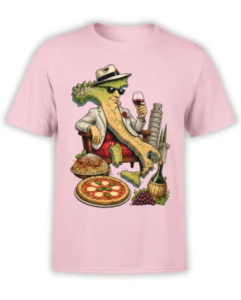 Vintage Italian map gentleman holding wine with pizza, pasta, grapes, and landmarks on a pink T-shirt