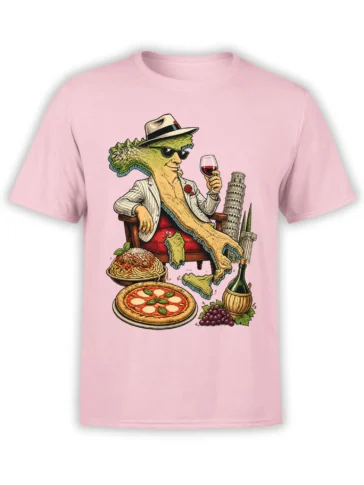 Vintage Italian map gentleman holding wine with pizza, pasta, grapes, and landmarks on a pink T-shirt