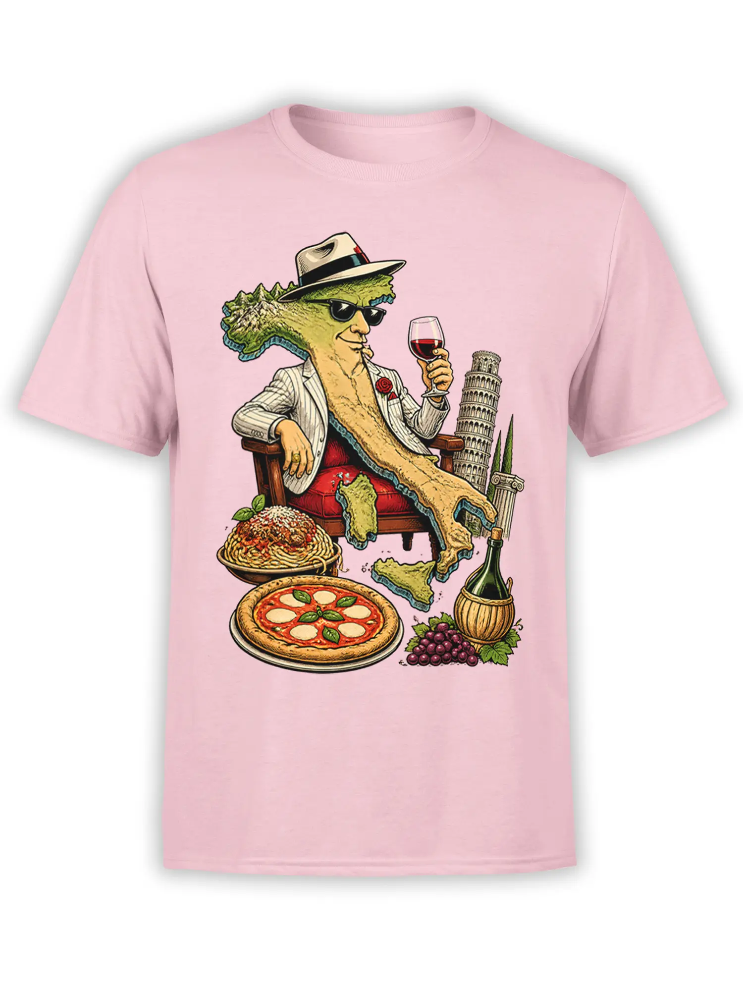 Vintage Italian map gentleman holding wine with pizza, pasta, grapes, and landmarks on a pink T-shirt