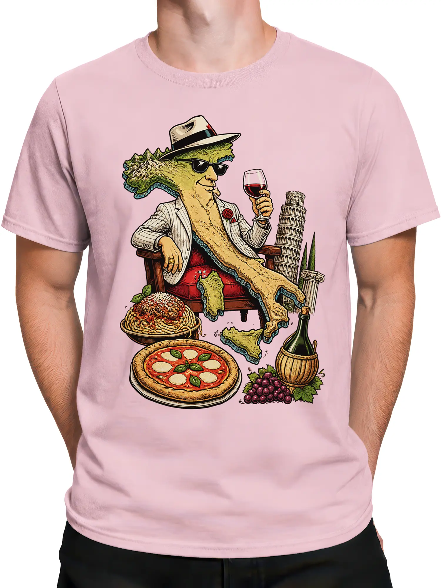 Male torso wearing a pink Italian map T-shirt with vintage wine, pizza, pasta, and travel artwork