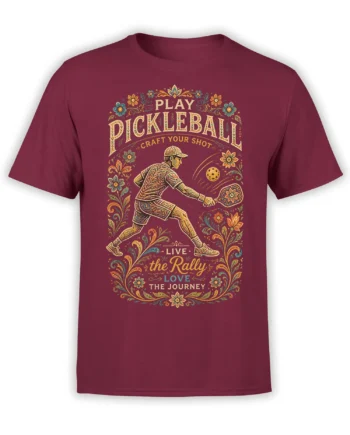 Burgundy pickleball T-shirt with a floral player design and the words Play Pickleball and Live the Rally