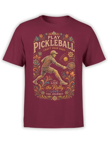 Burgundy pickleball T-shirt with a floral player design and the words Play Pickleball and Live the Rally