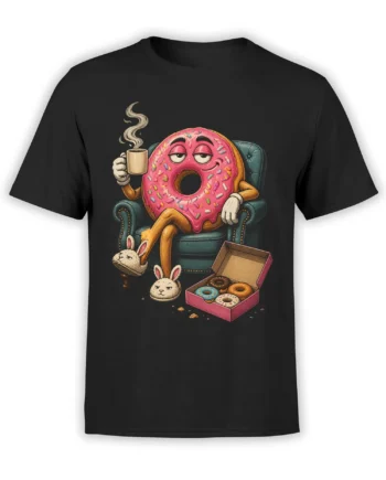 Black donut t-shirt with a sleepy pink frosted donut in an armchair, coffee cup, bunny slippers, and pastry box