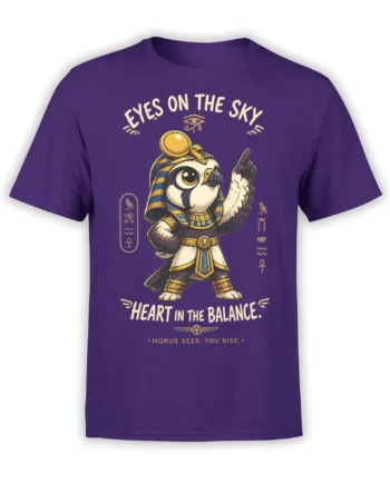 Purple Egyptian falcon deity T-shirt with Eye of Horus, hieroglyphs, and Heart in the Balance lettering