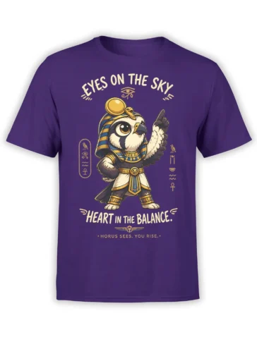 Purple Egyptian falcon deity T-shirt with Eye of Horus, hieroglyphs, and Heart in the Balance lettering