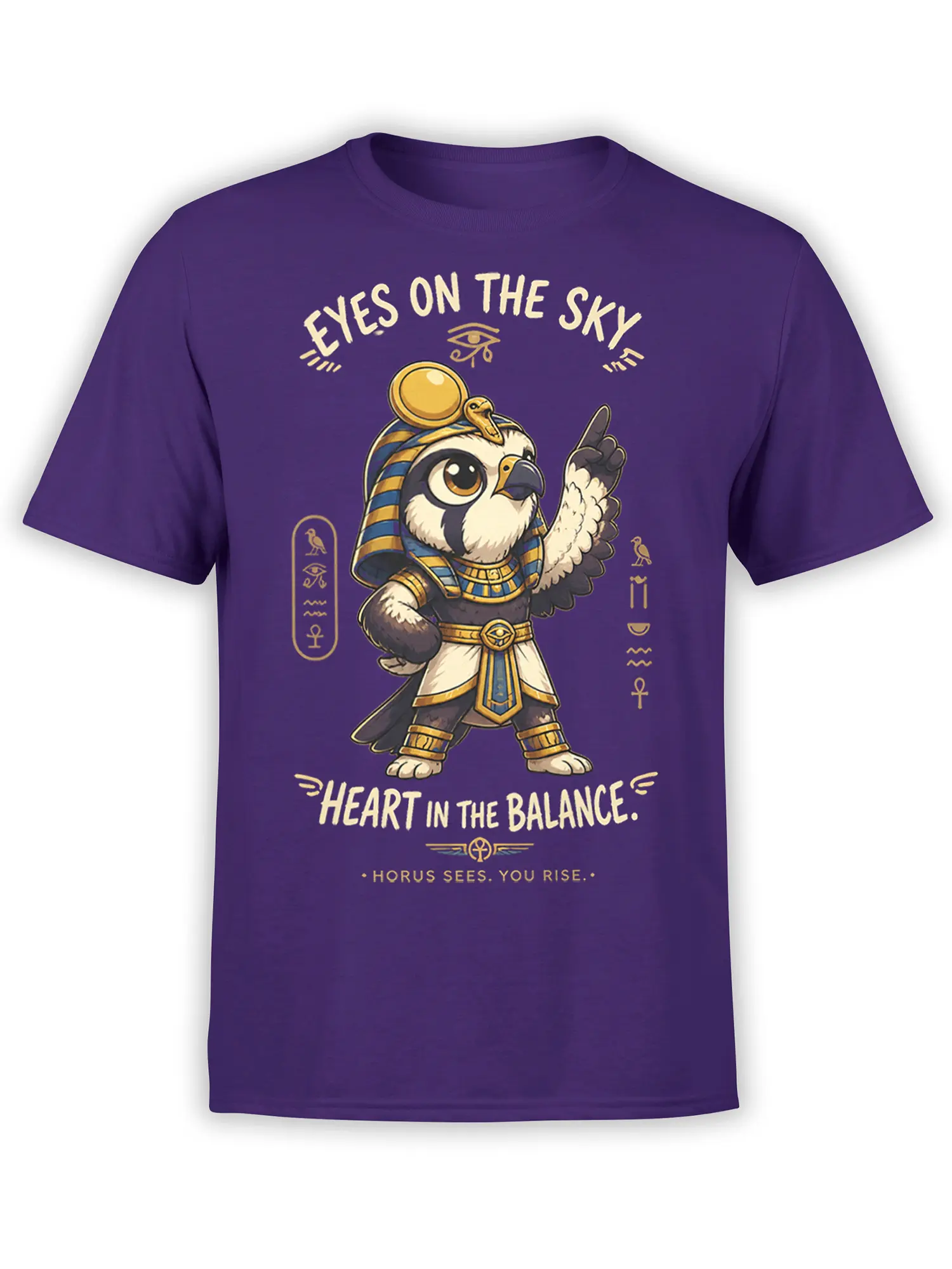 Purple Egyptian falcon deity T-shirt with Eye of Horus, hieroglyphs, and Heart in the Balance lettering