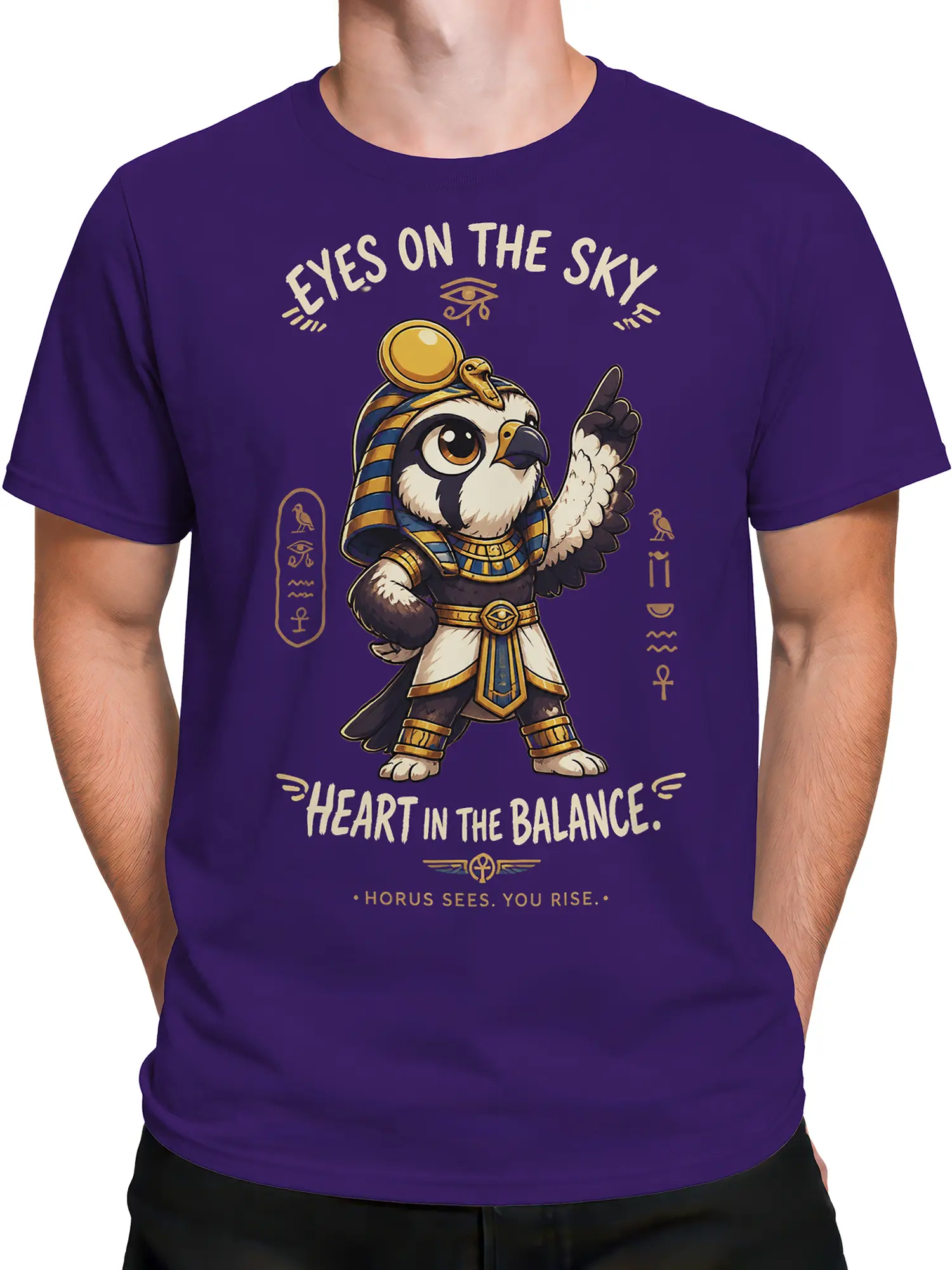 Male torso wearing a purple Egyptian falcon deity T-shirt with Eye of Horus and vintage symbols