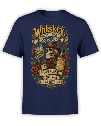 Vintage skeleton whiskey design with roses and ornate lettering on a navy graphic tee