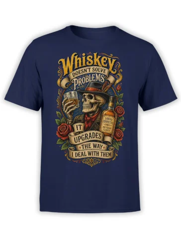 Vintage skeleton whiskey design with roses and ornate lettering on a navy graphic tee