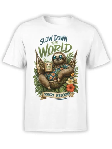 White sloth T-shirt with sunglasses, tropical flowers, hammock scene, and “Slow Down the World” lettering