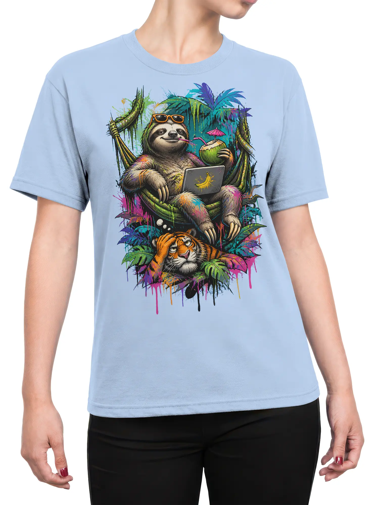 Female torso wearing a light blue T-shirt with colorful sloth hammock and tiger jungle artwork