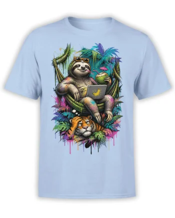 Colorful sloth in a hammock with a coconut drink and laptop above a tiger on a light blue T-shirt