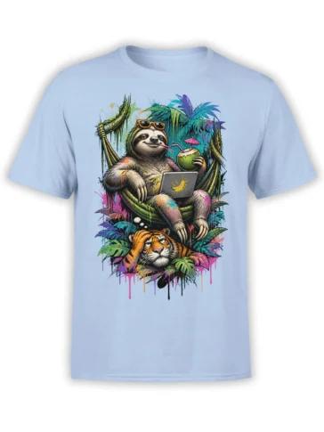 Colorful sloth in a hammock with a coconut drink and laptop above a tiger on a light blue T-shirt