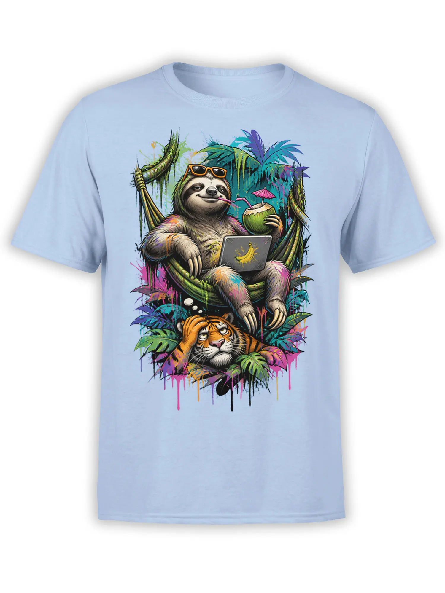 Colorful sloth in a hammock with a coconut drink and laptop above a tiger on a light blue T-shirt