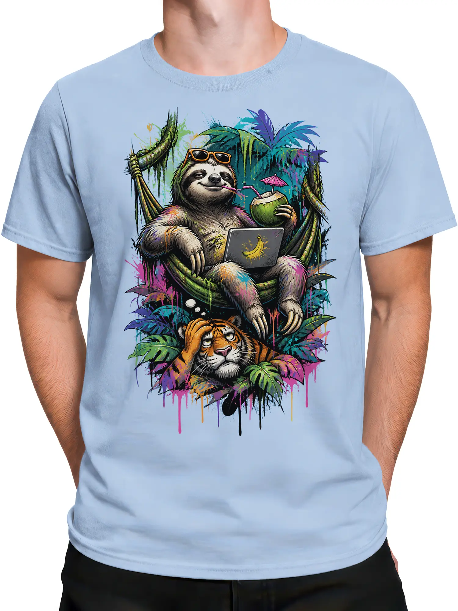 Male torso wearing a light blue T-shirt with sloth, hammock, coconut, and tiger artwork