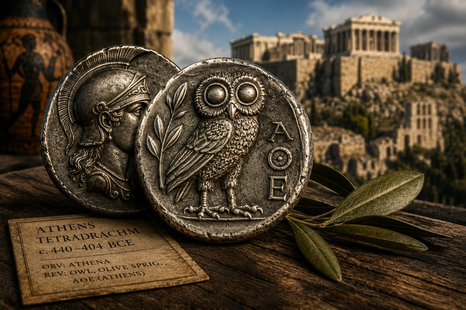Athenian silver tetradrachm showing Athena and an owl