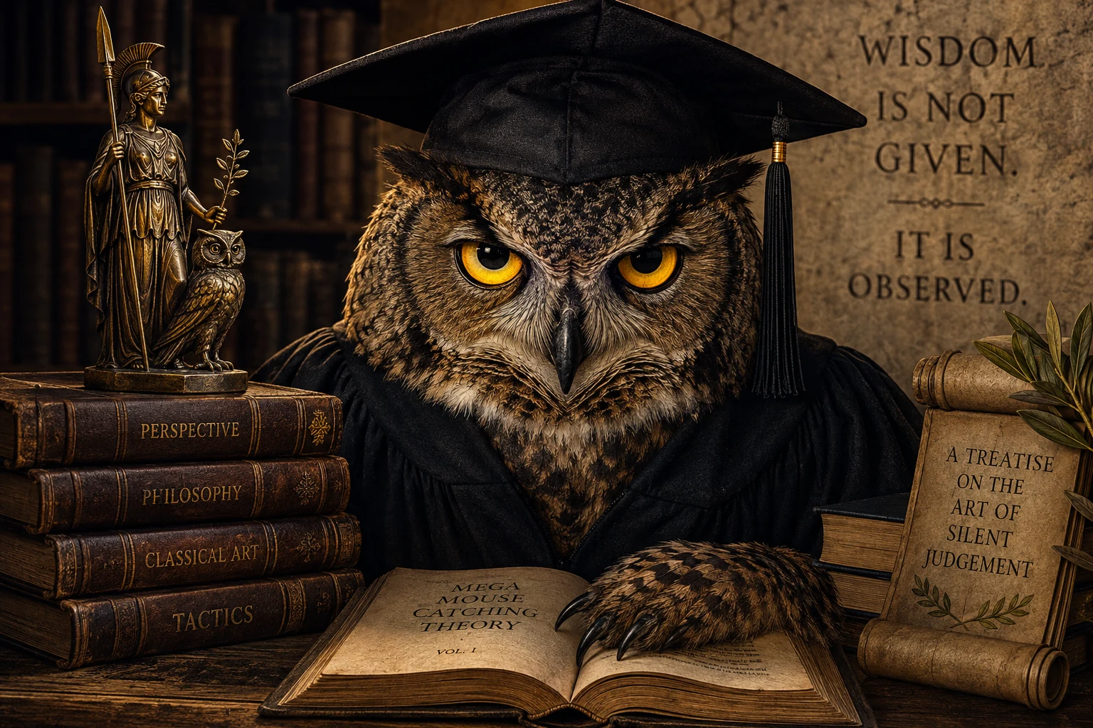 Serious owl in academic robes surrounded by books