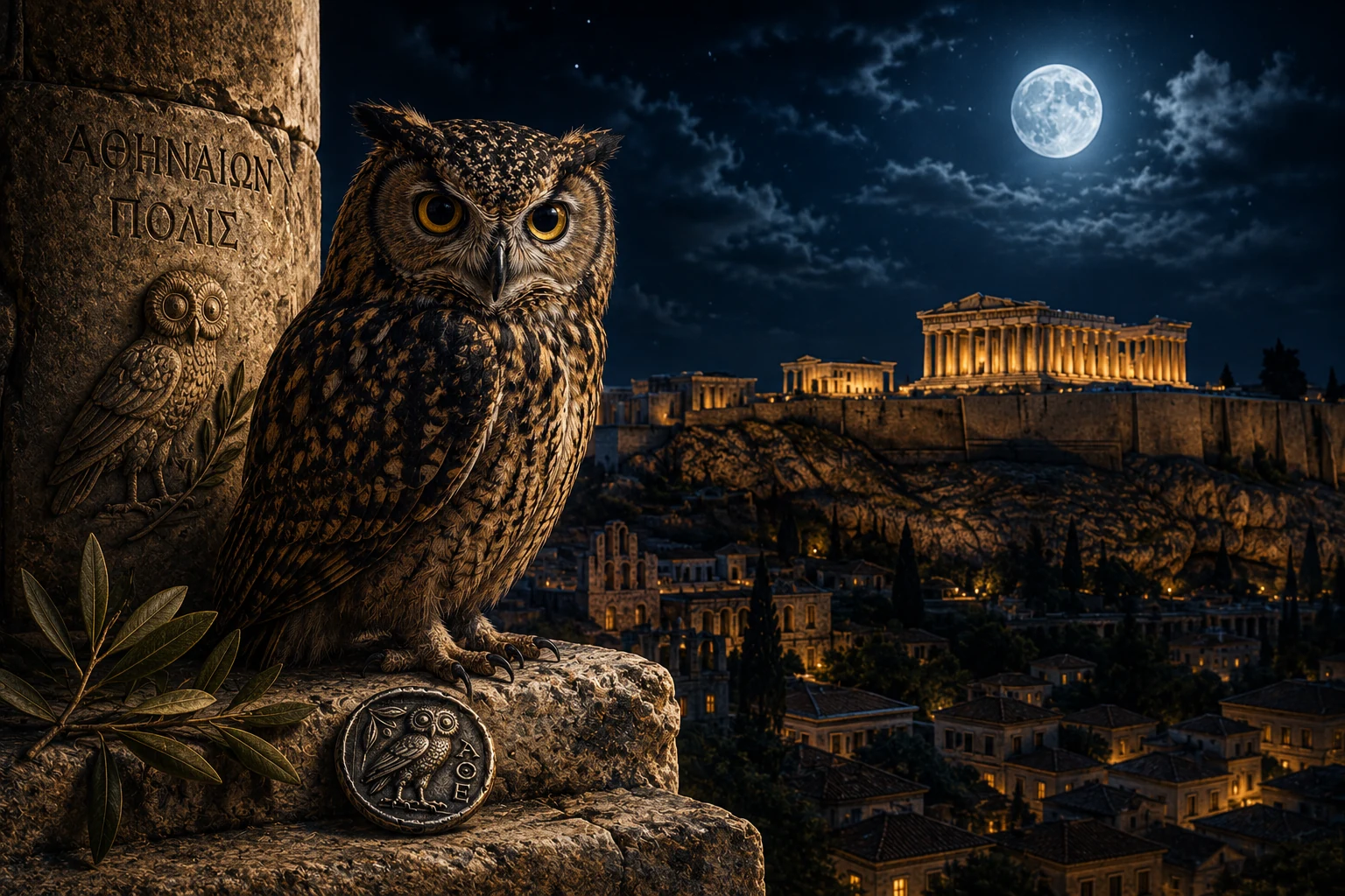 Owl beside an ancient Greek column overlooking Athens and the Acropolis