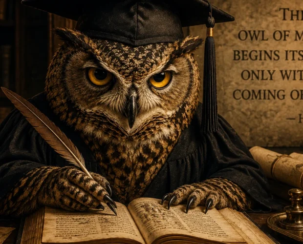 Owl in academic robes reading beside books and a candle