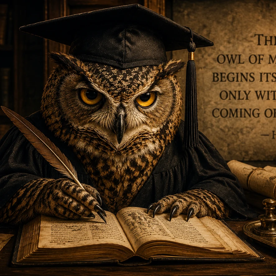 Owl in academic robes reading beside books and a candle