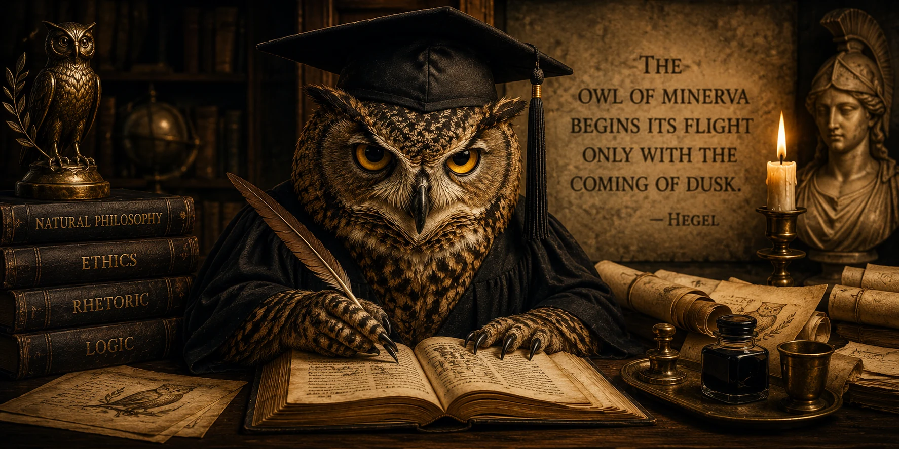 Owl in academic robes reading beside books and a candle
