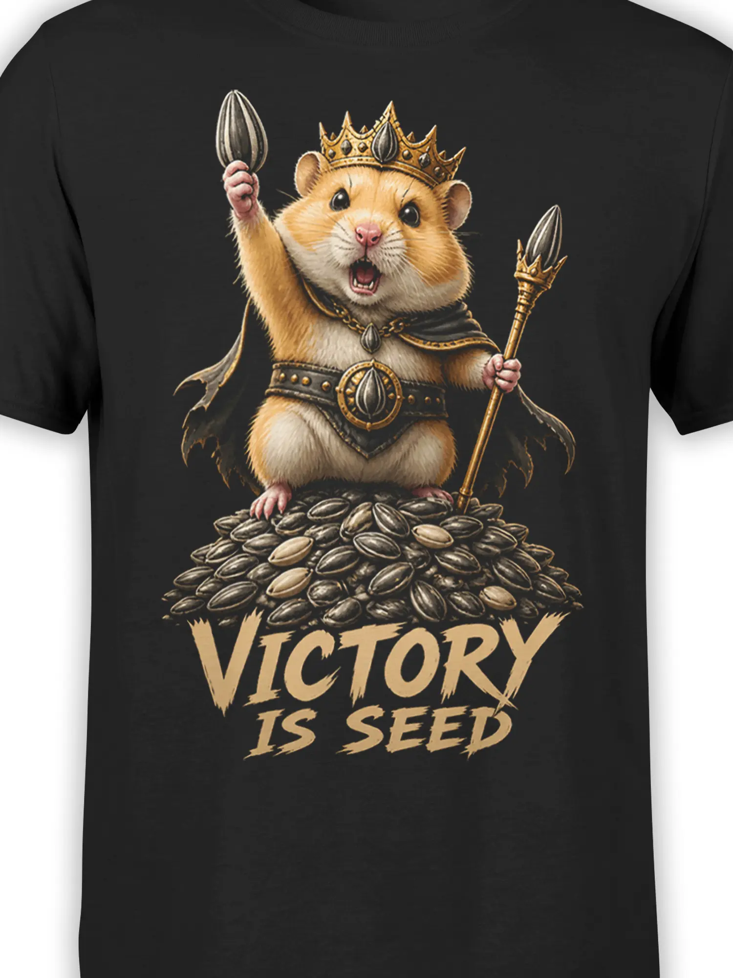 Close-up of crowned hamster artwork, seed pile, scepter, and Victory Is Seed lettering on black fabric