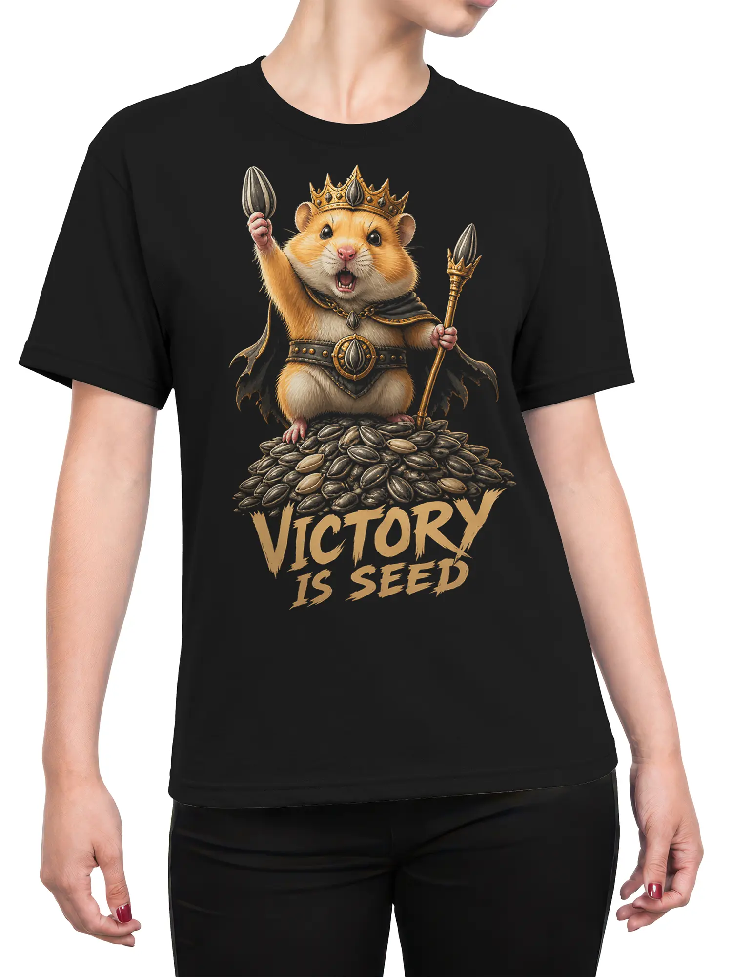Female torso wearing a black T-shirt with a crowned hamster, seed pile, scepter, and Victory Is Seed design