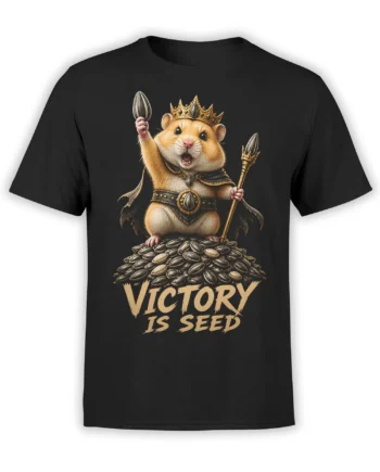 Black T-shirt featuring a crowned hamster on seeds with a scepter and the slogan Victory Is Seed