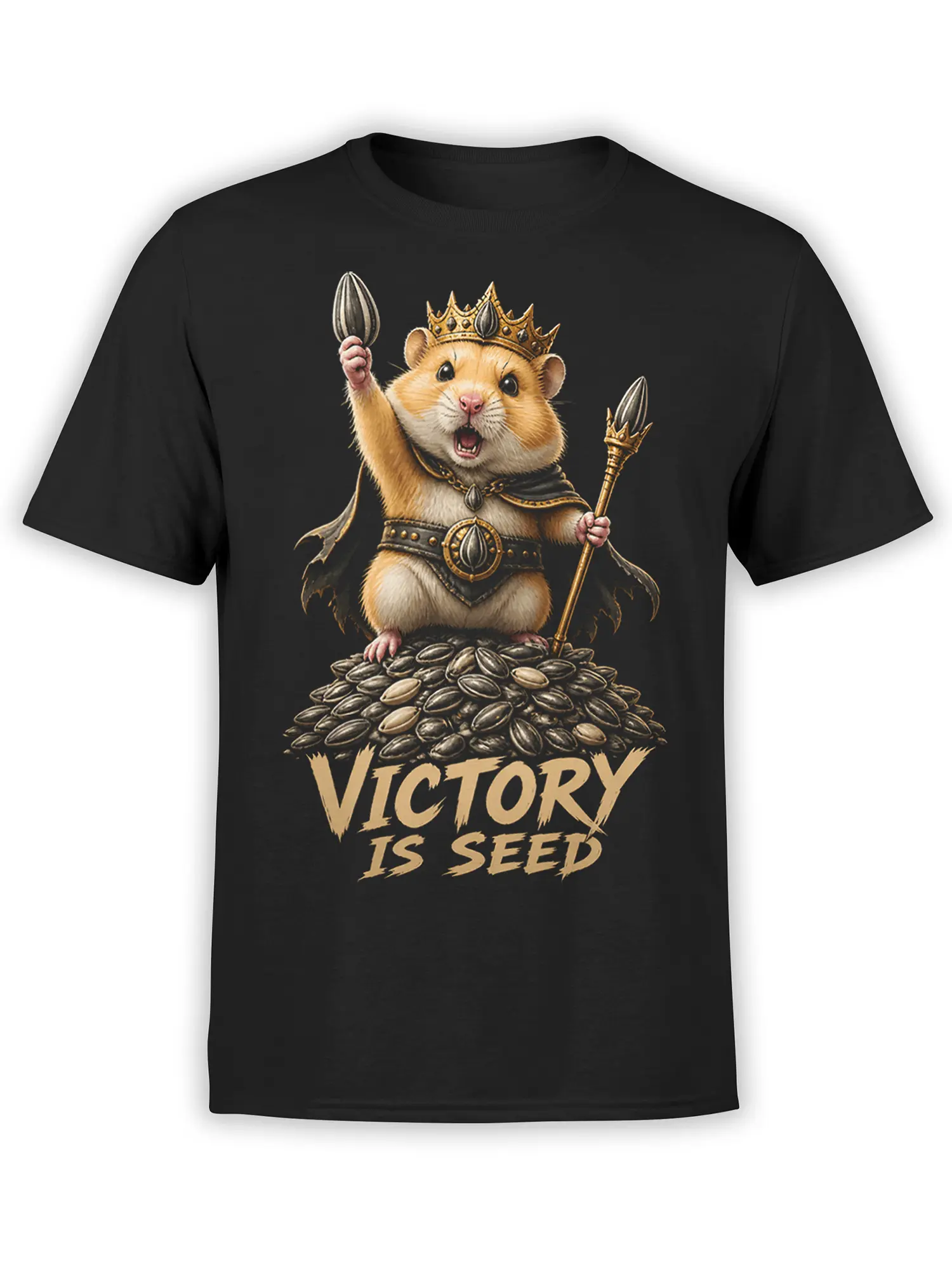 Black T-shirt featuring a crowned hamster on seeds with a scepter and the slogan Victory Is Seed