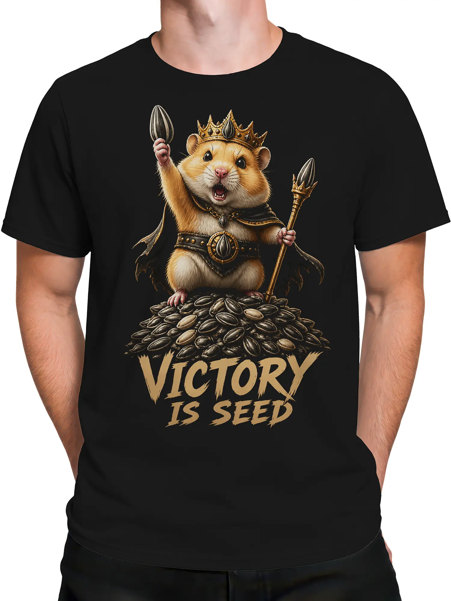 Male torso wearing a black crowned hamster T-shirt with a seed scepter and Victory Is Seed slogan