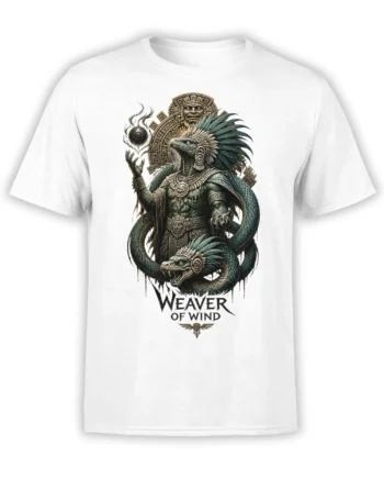 White T-shirt with a reptilian wind guardian, feathered serpents, ancient symbols, and Weaver of Wind text