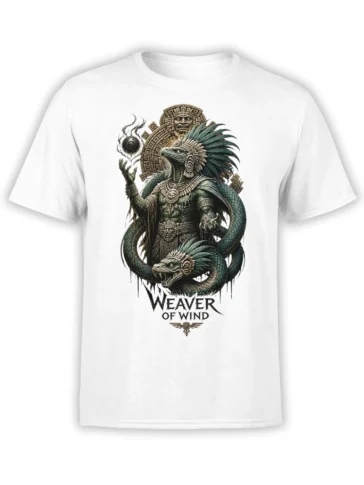 White T-shirt with a reptilian wind guardian, feathered serpents, ancient symbols, and Weaver of Wind text