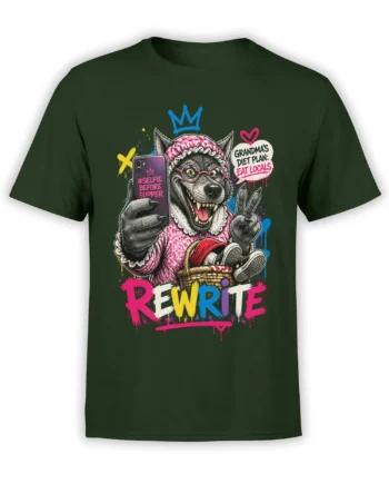 Grandma wolf graphic tee in green with pink glasses, a smartphone selfie, and colorful diet-plan lettering