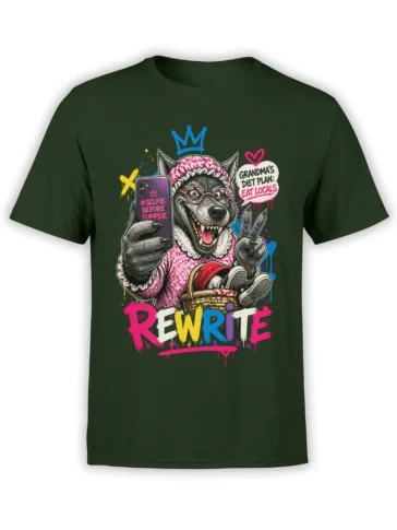 Grandma wolf graphic tee in green with pink glasses, a smartphone selfie, and colorful diet-plan lettering