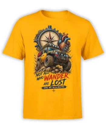 Yellow adventure T-shirt with an off-road vehicle, compass, gears, heart, and “Not All Who Wander” graphic