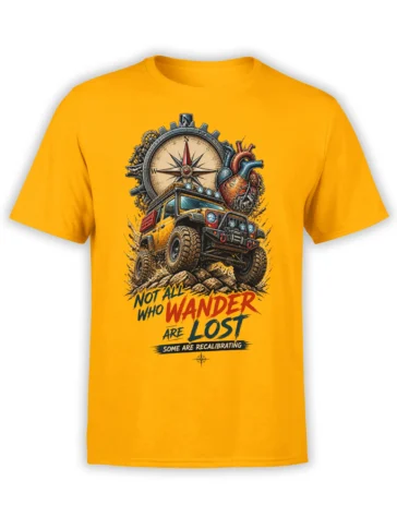 Yellow adventure T-shirt with an off-road vehicle, compass, gears, heart, and “Not All Who Wander” graphic