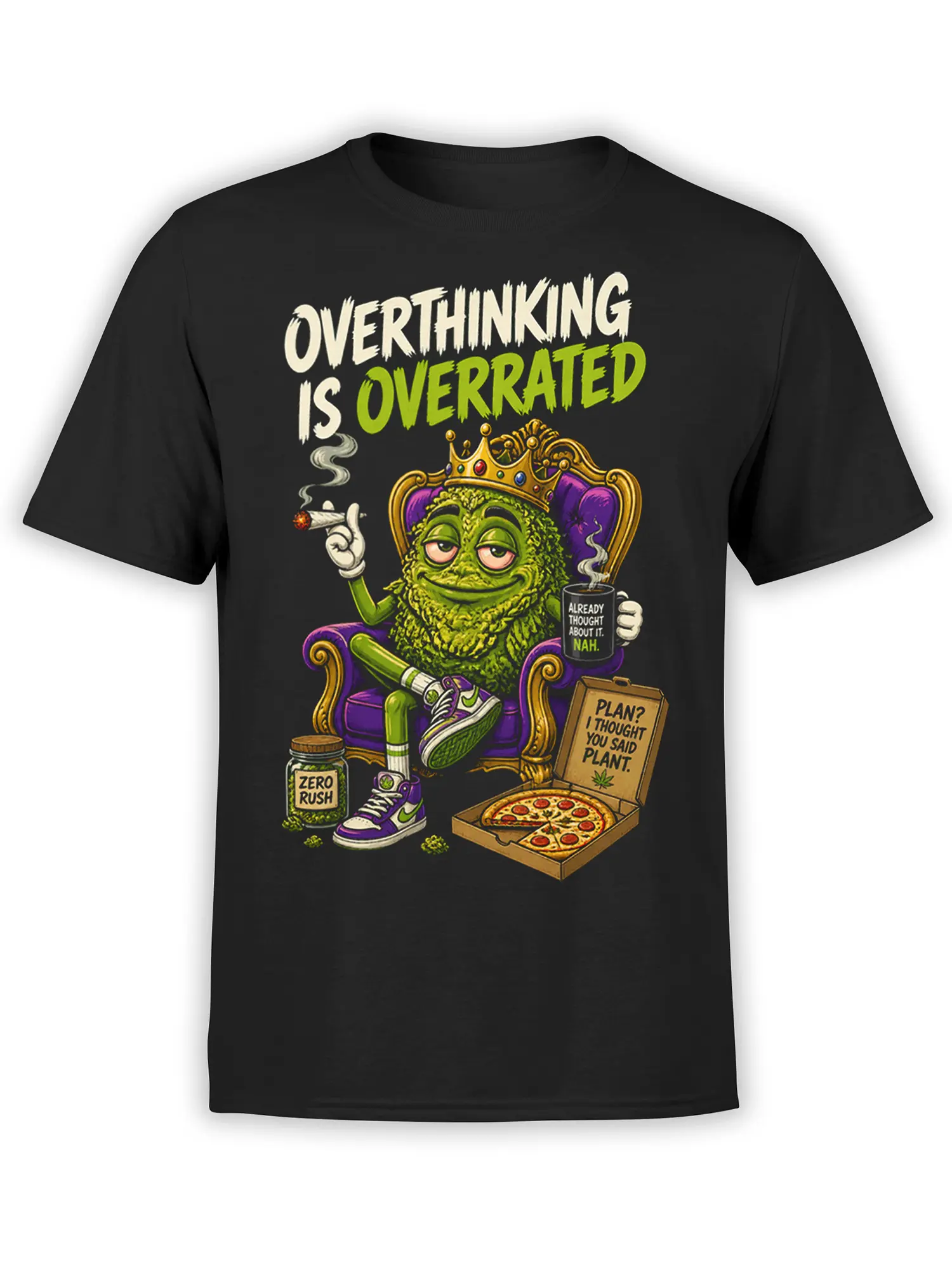 Black T-shirt with a crowned green monster on a throne and the phrase Overthinking Is Overrated
