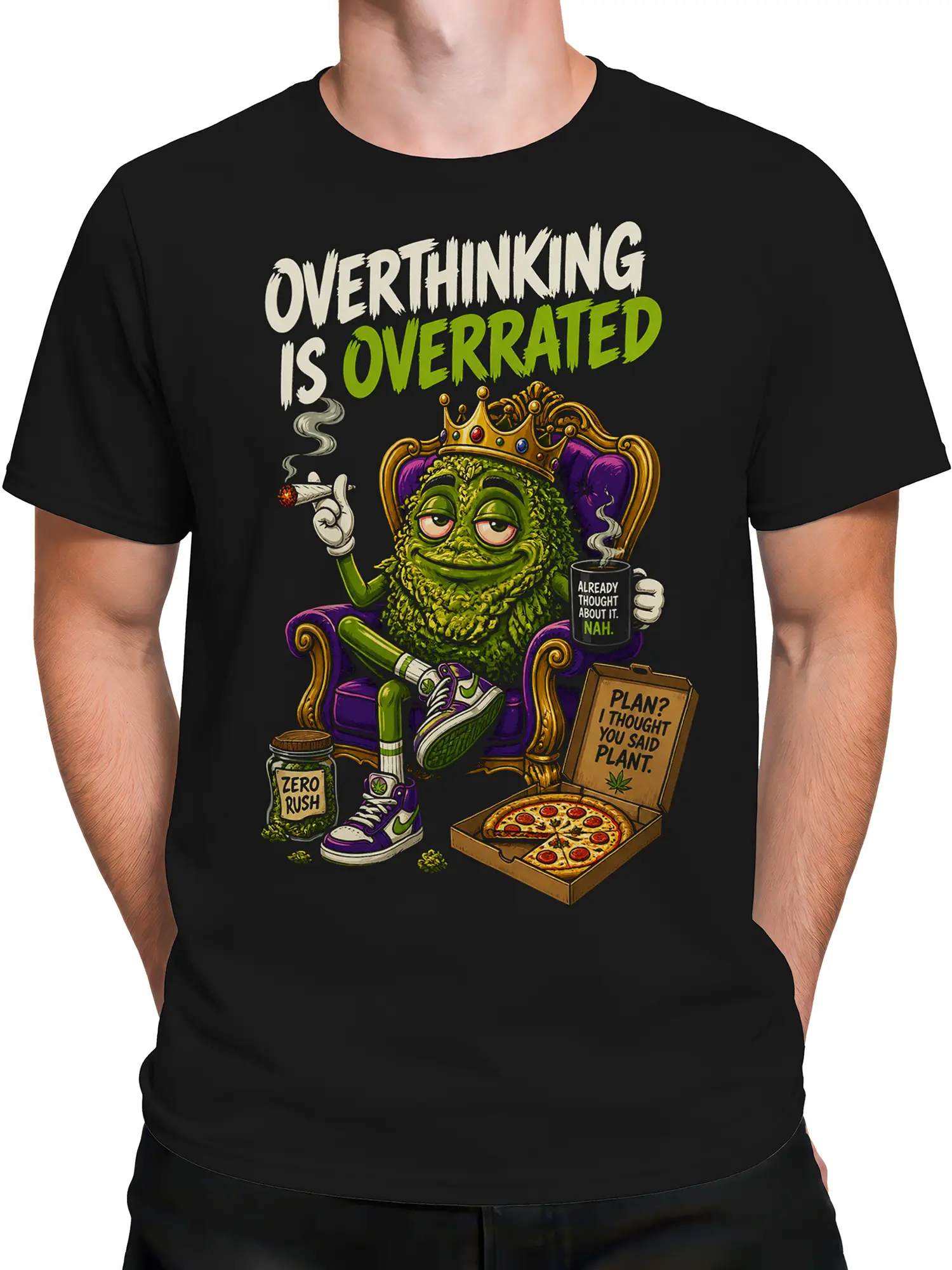 Male torso wearing a black crowned monster graphic tee with pizza and sarcastic lettering